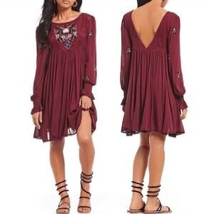 Free People Dress Mohave Mini Embroidered Floral Mini Crochet Lace Plum Purple S